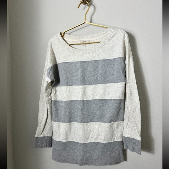 EUC Loft Gray Cream Striped French Terry Pullover Sweatshirt Size Medium - Picture 1 of 10
